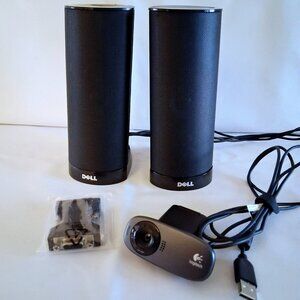 Lot of 3 Electronics: Speakers, Webcam, And DVI-A to VGA Adapter.